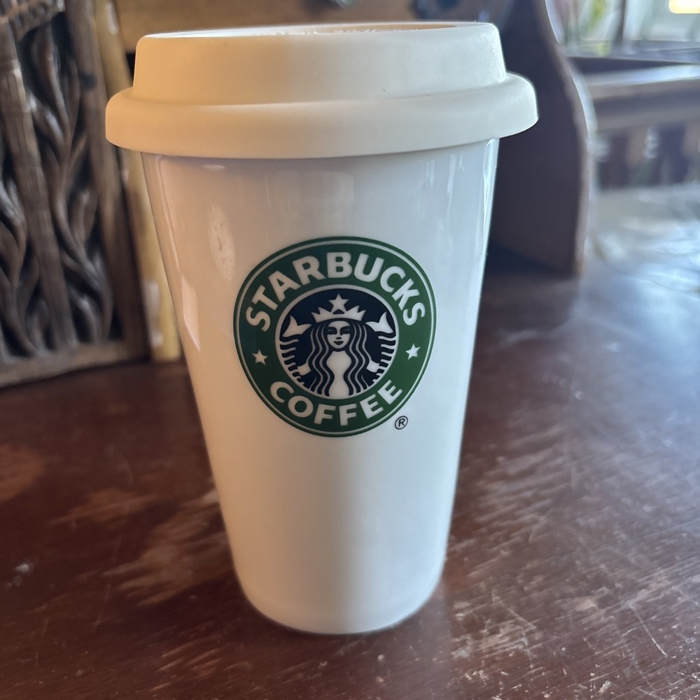 2010 Starbucks Ceramic Travel Tumbler Mug 12oz White with Lid